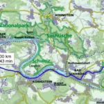 Von Pirna (rot) mit dem Auto zum Lichtenhainer Wasserfall (grün), rechts daneben (rot) die Wanderung zum Kuhstall 3,1 km – Quelle <a href="https://www.kompass.de/wanderkarte/region/100076-saechsische-schweiz/"target="_blank" rel="noopener"> Karte </a>