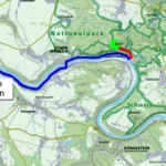 Von Pirna (rot) zur Bastei (grün). Unsere Wanderung ist rot markiert – Quelle <a href="https://www.kompass.de/wanderkarte/region/100076-saechsische-schweiz/"target="_blank" rel="noopener"> Karte </a>