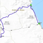 Fahrt von Luxor (rot) durch die <a href="https://de.wikipedia.org/wiki/Arabische_W%C3%BCste"target="_blank" rel="noopener"> Arabische Wüste</a> nach Safaga (1) und von dort zu unserem Hotel nach Al-Qusair (2) – Quelle <a href="https://www.viamichelin.de/?center=33.275569968113246~25.91515382857834&filters=%7B%22ACCOMMODATION_RATE%22%3A7%2C%22ACCOMMODATION_AVAILABILITY_DATE_RANGE%22%3A%7B%22startDate%22%3A%222026-08-20%22%2C%22endDate%22%3A%222026-08-21%22%7D%7D&itinerary=%7B%22isDeparture%22%3Atrue%7D~%7B%22isArrival%22%3Atrue%7D&poiCategories=7&selectedAddress=%7B%22address%22%3A%22al-Qaseer-Qina%2C+Qina%2C+Qina%22%2C%22entityType%22%3A%22CITY%22%2C%22coordinates%22%3A%7B%22lng%22%3A33.275383%2C%22lat%22%3A25.921164%7D%2C%22boundsSync%22%3Afalse%7D&zoiSettings=false~20"target="_blank" rel="noopener">Karte</a>